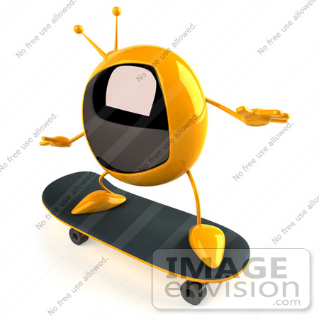 #61078 Royalty-Free (RF) Illustration Of A 3d Yellow Square Television Character Skateboarding - Pose 2 by Julos