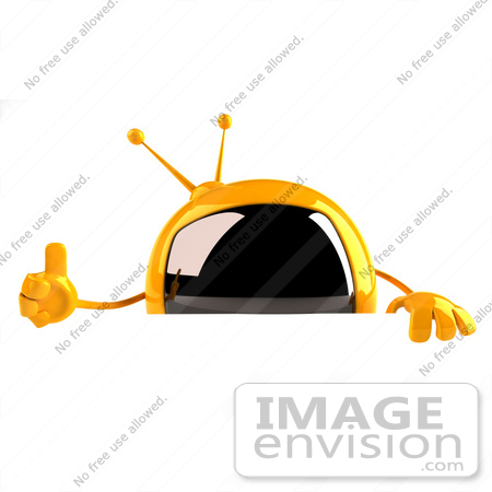 #61079 Royalty-Free (RF) Illustration Of A 3d Yellow Square Television Character Giving The Thumbs Up And Standing Behind A Blank Sign by Julos