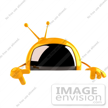 #61080 Royalty-Free (RF) Illustration Of A 3d Yellow Square Television Character Pointing Down And Standing Behind A Blank Sign by Julos