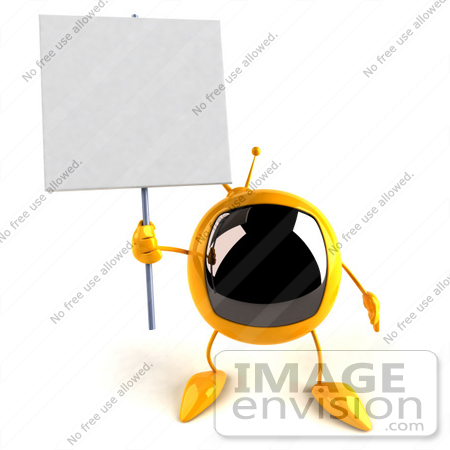 #61083 Royalty-Free (RF) Illustration Of A 3d Yellow Square Television Character Holding Up A Blank Sign - Version 3 by Julos