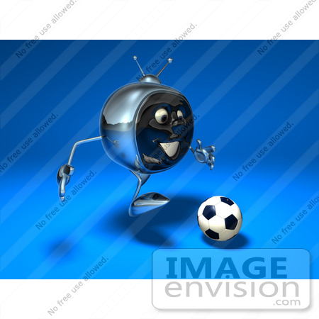 #61128 Royalty-Free (RF) Illustration Of A 3d Chrome Tv Character Playing Soccer - Version 2 by Julos