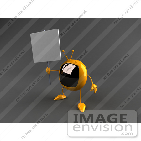 #61206 Royalty-Free (RF) Illustration Of A 3d Yellow Square TV Character Holding Up A Blank Sign - Version 2 by Julos
