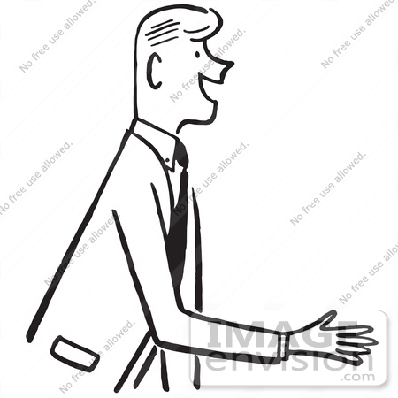 #61301 Cartoon Of A Salesman Or Gentleman Reaching Out To Shake Hands During An Introduction, In Black And White - Royalty Free Vector Clipart by JVPD