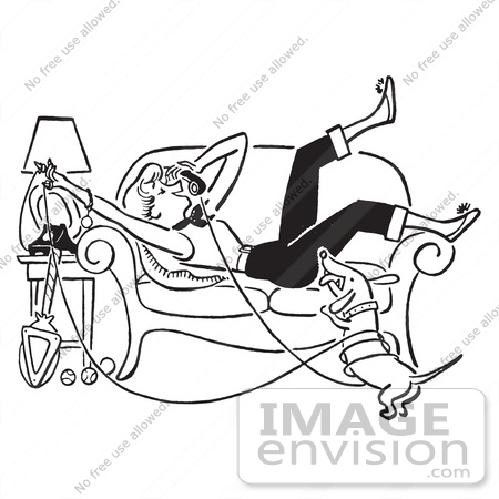 #61302 Cartoon Of A Weiner Dog And Lady Laying On A Couch While Talking On A Landline Telephone, In Black And White - Royalty Free Vector Clipart by JVPD