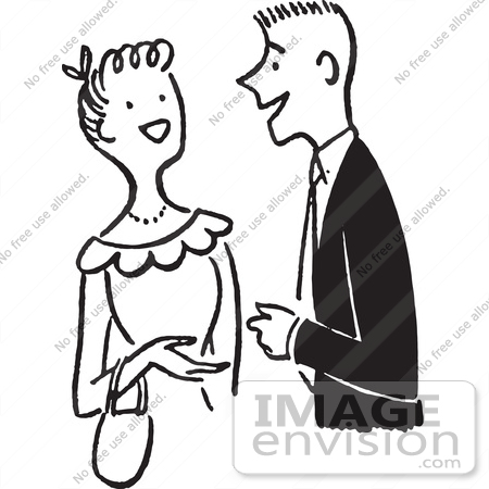 #61304 Cartoon Of A Young Couple Having A Conversation, In Black And White - Royalty Free Vector Clipart by JVPD