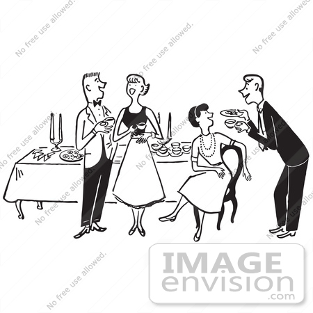 #61307 Cartoon Of A Man Serving A Lady At A Party Table While A Couple Talks, In Black And White - Royalty Free Vector Clipart by JVPD