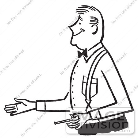 #61308 Cartoon Of A Gentleman Holding A Pipe And Reaching Out To Shake Hands During An Introduction, In Black And White - Royalty Free Vector Clipart by JVPD