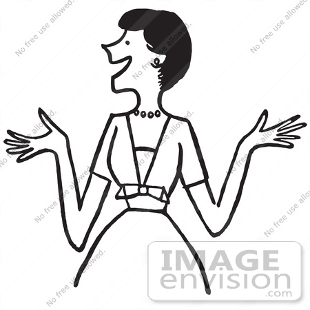 #61309 Cartoon Of An Outgoing Lady Showing Excitement Or Making Introductions, In Black And White - Royalty Free Vector Clipart by JVPD