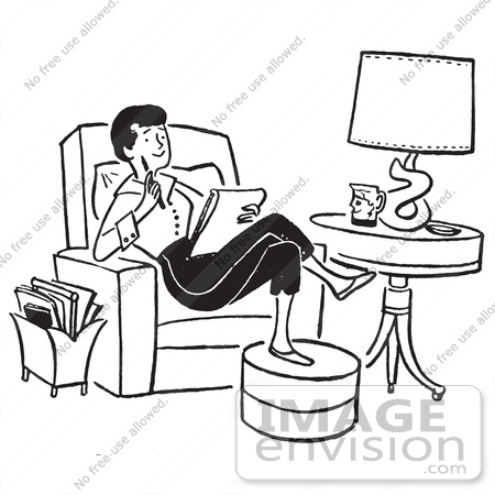 #61311 Cartoon Of A Lady Writing A Thoughtful Letter In A Chair, In Black And White - Royalty Free Vector Clipart by JVPD