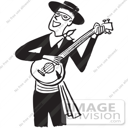 #61312 Cartoon Of A Man Smiling And Playing A Banjo, In Black And White - Royalty Free Vector Clipart by JVPD