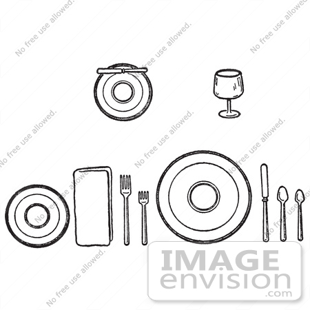 #61313 Cartoon Of Proper Place Settings Of Dishes On A Table, In Black And White - Royalty Free Vector Clipart by JVPD