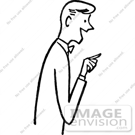 #61314 Cartoon Of A Friendly Man Pointing While Talking, In Black And White - Royalty Free Vector Clipart by JVPD