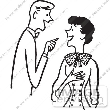 #61315 Cartoon Of A Couple Having A Conversation, In Black And White - Royalty Free Vector Clipart by JVPD