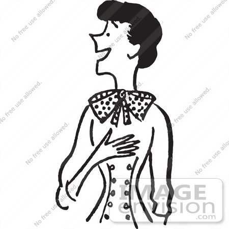 #61317 Cartoon Of A Jolly Lady Touching Her Chest, In Black And White - Royalty Free Vector Clipart by JVPD