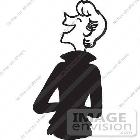 #61318 Cartoon Of A Rear View Of A Jolly Lady Laughing, In Black And White - Royalty Free Vector Clipart by JVPD
