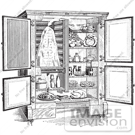 #61320 Retro Clipart Of A Vintage Antique Refrigerator With An Ice Compartment And Air Flow Shown, In Black And White - Royalty Free Vector Illustration by JVPD