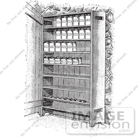 #61325 Retro Clipart Of Vintage Cupboard Shelves With Canned Goods In Black And White - Royalty Free Vector Illustration by JVPD