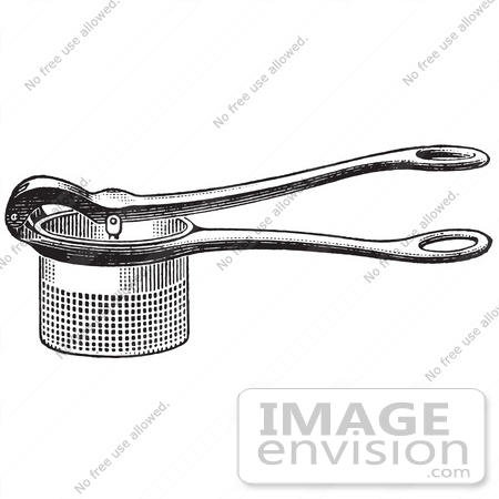 #61331 Retro Clipart Of A Vintage Antique Potato Ricer Kitchen Utensil In Black And White - Royalty Free Vector Illustration by JVPD