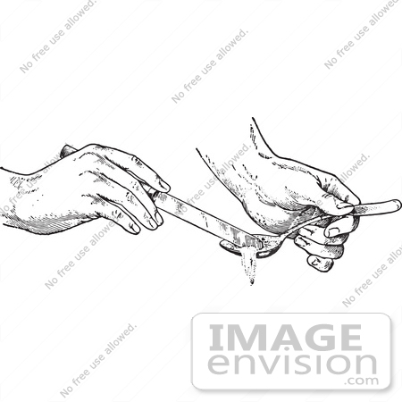 #61345 Retro Clipart Of Hands Removing Half A Spoon Full Of An Ingredient With A Knife In Black And White - Royalty Free Vector Illustration by JVPD