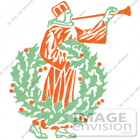 #61359 Clipart Of A Retro Christmas Man Blowing A Horn And Carrying A Wreath - Royalty Free Vector Illustration by JVPD