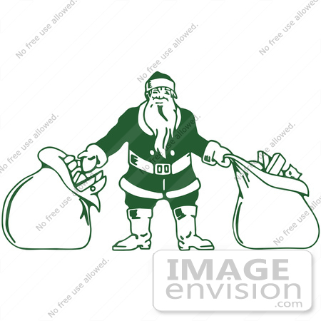 #61360 Clipart Of A Retro Green Santa With Two Sacks Of Christmas Presents - Royalty Free Vector Illustration by JVPD