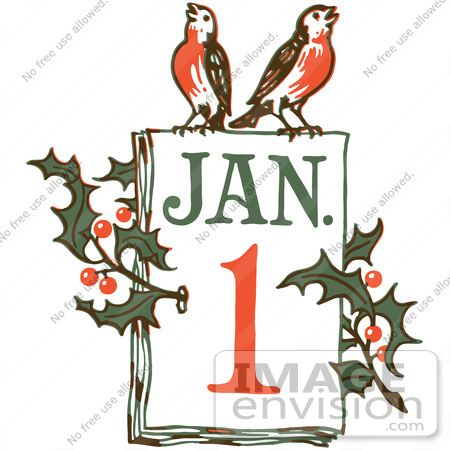 #61363 Clipart Of A Retro New Year January 1 Calendar With Holly And Birds - Royalty Free Vector Illustration by JVPD