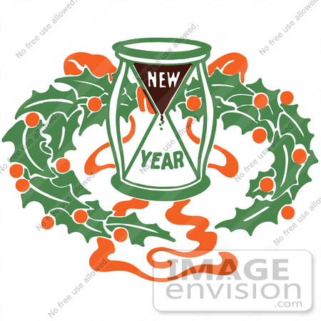 #61364 Clipart Of A Retro New Year Hourglass And Holly Wreath - Royalty Free Vector Illustration by JVPD