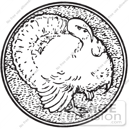#61368 Retro Clipart Of A Vintage Thanksgiving Turkey Bird Design In Black And White - Royalty Free Vector Illustration  by JVPD