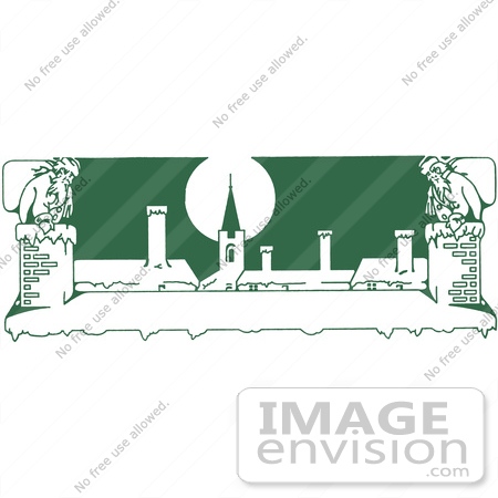 #61371 Clipart Of A Mirrored Border Of Retro Green Santas Climbing Into Brick Chimneys On A Roof Top - Royalty Free Vector Illustration by JVPD