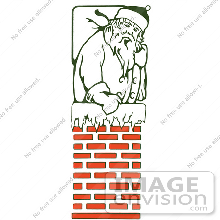 #61373 Clipart Of A Retro Green Santa Claus With A Sack, Climbing Into A Brick Chimney - Royalty Free Vector Illustration by JVPD