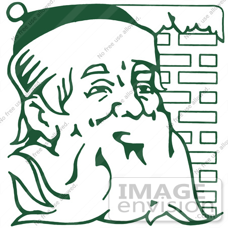 #61374 Clipart Of A Retro Green Jolly Santa Claus Against A Brick Chimney - Royalty Free Vector Illustration by JVPD
