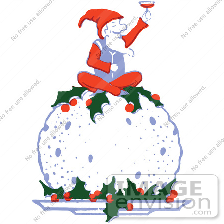 #61375 Clipart Of A Retro Santa Toasting On Top Of A Christmas Plum Pudding - Royalty Free Vector Illustration by JVPD