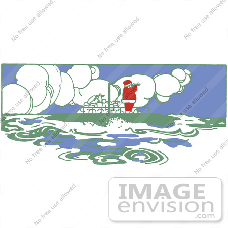 #61376 Clipart Of A Retro Santa Looking Through A Telescope On A Christmas Boat - Royalty Free Vector Illustration by JVPD