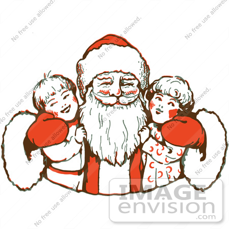 #61377 Clipart Of A Retro Jolly Santa Claus Hugging Two Happy Children - Royalty Free Vector Illustration by JVPD