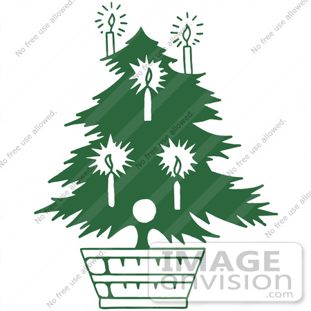 #61378 Clipart Of A Retro Green Potted Live Christmas Tree Decorated With Illuminated Candles - Royalty Free Vector Illustration by JVPD