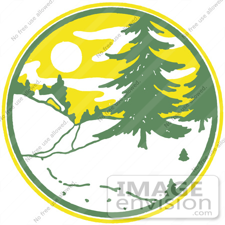 #61392 Clipart Of A Retro Christmas Circle Scene Of Evergreens And A Cabin - Royalty Free Vector Illustration by JVPD