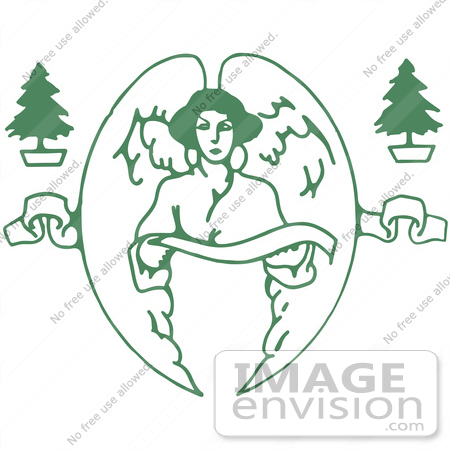 #61394 Clipart Of Retro Green Trees And A Christmas Angel Holding A Ribbon Banner That Weaves Through Her Wings - Royalty Free Vector Illustration by JVPD