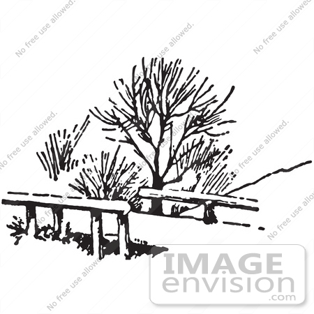 #61397 Retro Clipart Of A Vintage Winter Bridge And Bare Trees In Black And White - Royalty Free Vector Illustration by JVPD