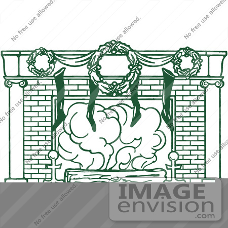 #61401 Clipart Of A Retro Green Christmas Fireplace With Stockings And Wreaths Hung From The Mantle - Royalty Free Vector Illustration by JVPD