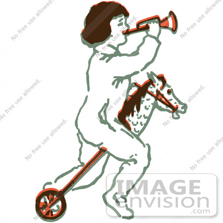 #61403 Clipart Of A Retro Christmas Boy Playing With A Horn And Horse - Royalty Free Vector Illustration by JVPD