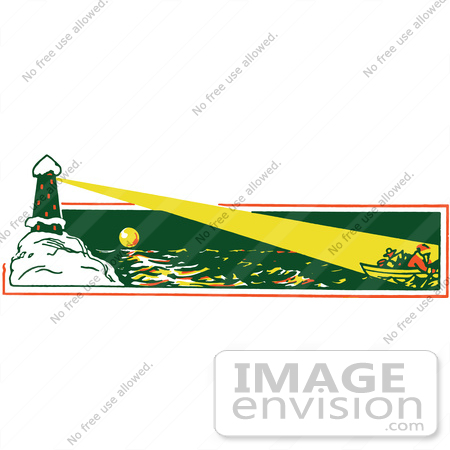 #61408 Clipart Of A Retro Lighthouse Shining A Beacon Of Light On A Christmas Santa Rowing A Boat - Royalty Free Vector Illustration by JVPD