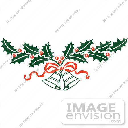 #61414 Clipart Of A Retro Christmas Holly Sprig And Bells With A Bow - Royalty Free Vector Illustration by JVPD
