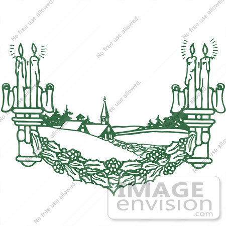 #61420 Clipart Of A Retro Green Christmas Holly Decoration With Candles And A Winter Church - Royalty Free Vector Illustration by JVPD