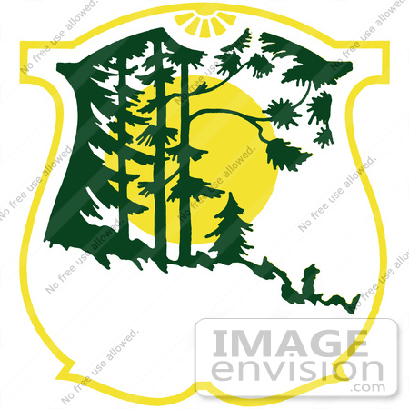 #61425 Clipart Of A Retro Christmas Badge Scene Of Evergreens And The Sun - Royalty Free Vector Illustration by JVPD