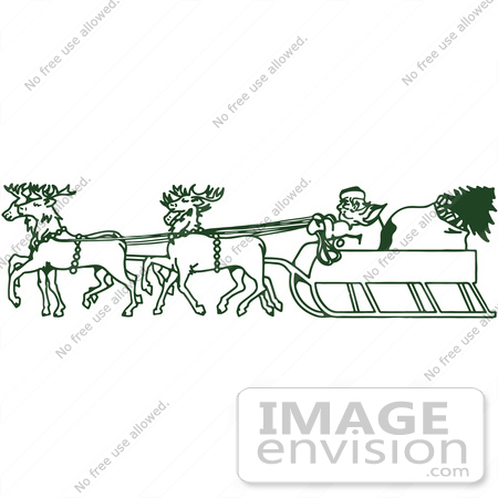 #61433 Clipart Of A Retro Green Christmas Santa Claus Flying Reindeer Sleigh - Royalty Free Vector Illustration by JVPD