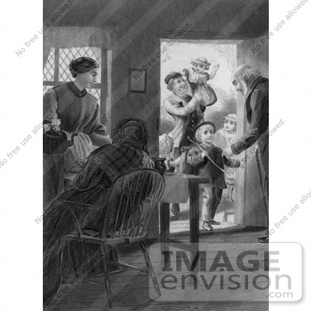 #61436 Retro Clipart Of A Mother Grandparents And Father With Children At A Door In Black And White - Royalty Free Illustration by JVPD