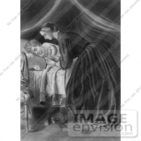 #61441 Retro Clipart Of A Nurturing Mother Tucking Her Child In To Bed, In Black And White - Royalty Free Illustration by JVPD