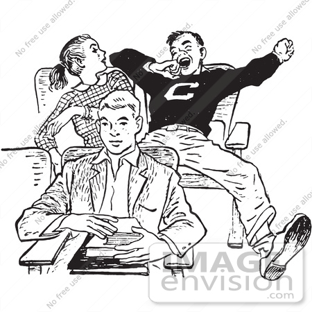 #61442 Retro Clipart Of A Vintage Teenage High School Boy Yawning Rudely In Class In Black And White - Royalty Free Vector Illustration by JVPD