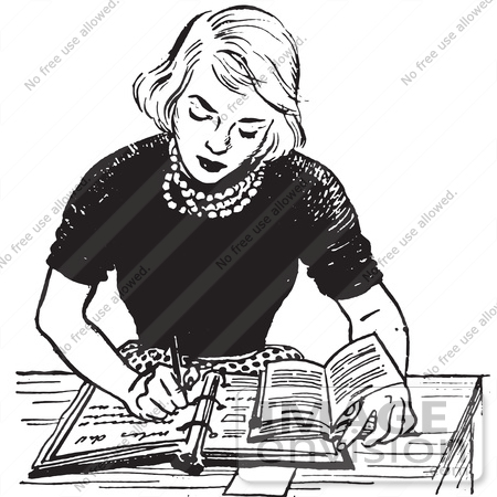 #61443 Retro Clipart Of A Vintage Teen Girl Doing Homework At A Desk In Black And White - Royalty Free Vector Illustration by JVPD