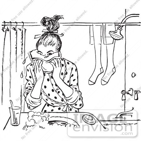 #61444 Retro Clipart Of A Vintage Teen Girl Washing Her Face In Black And White - Royalty Free Vector Illustration by JVPD
